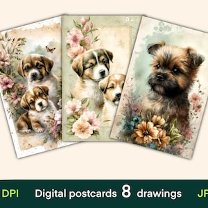 Cartões digitais de filhotes, cartões de diário, impressão de cartões postais vintage, papel digital, download digital, folha de colagem, itens efêmeros do Junk Journal