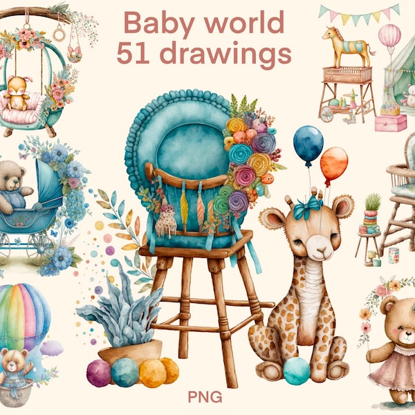 Monde de bébé, clipart aquarelle, nouveau-nés PNG, garçon, décor de pépinière de fille, jouets de bébé, vêtements de bébé, téléchargement numérique, illustration