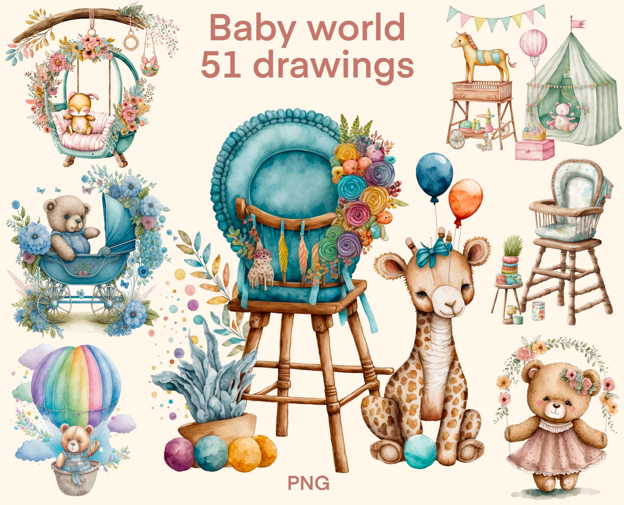 Mondo dei bambini, clipart acquerello, bambini appena nati PNG, arredamento per cameretta dei bambini, giocattoli per bambini, vestiti per bambini, download digitale, illustrazione