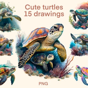 Cute turtles Watercolor clipart, Undersea world digital print, Sea turtle illustration set, stickers, Scrapbook, Junk Journal, Paper Crafts