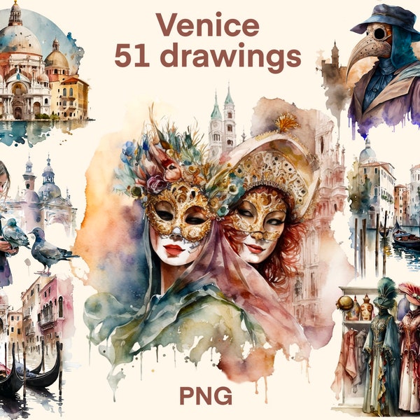 Clipart aquarelle de Venise, impression numérique Italie, ensemble d'illustrations, autocollants, Scrapbook, Junk Journal, Paper Crafts