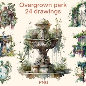 Overgrown Palace Clipart Watercolor sublimation download, digital print, illustration set, stickers, Scrapbook, Junk Journal, Paper Crafts