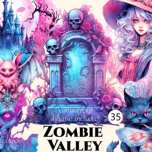 Zombie Valley Halloween clipart Watercolor png, vampires, pumpkins illustration set, stickers, Scrapbook, Junk Journal