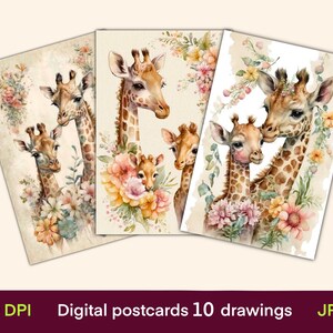 Cartões digitais de girafa, cartões de diário, impressão de cartões postais vintage, papel digital, download digital, folha de colagem, efêmeras de diário de lixo