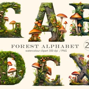 Wald Alphabet Aquarell png, Alphabet mit Pilzen 26 floralen Buchstaben Clipart, Digitaldruck, Illustration Set, Scrapbook, Junk Journal