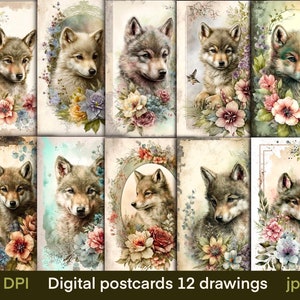 Loups, cartes numériques, cartes journal, impression de cartes postales anciennes, papier numérique, téléchargement numérique, feuille de collage, éphémères de Junk Journal