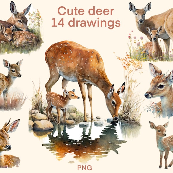 Cute deer clipart Watercolor  png, digital print, illustration set, stickers, Scrapbook, Junk Journal, Paper Crafts