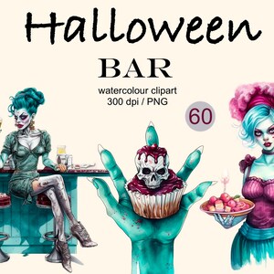 Halloween Bar Clipart Aquarell Png, Zombie Kellnerin Club, Halloween Kuchen Illustration Set, Aufkleber, Scrapbook, Junk Journal
