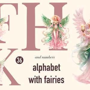Alphabet with fairies Watercolor png, 26 floral letters and 10 numbers, digital print, illustration set, Scrapbook