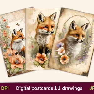 Fox digital cards, Journal cards, Vintage postcards print, digital paper, digital download, collage sheet, Junk Journal ephemera
