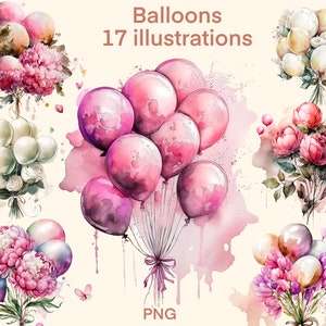 Luftballons Clipart Aquarell, Digitaldruck, Illustrationsset, Aufkleber, Scrapbook, Junk Journal, Papierhandwerk
