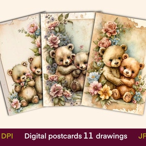 Cartes numériques ours mignons, cartes journal, impression de cartes postales vintage, papier numérique, téléchargement numérique, feuille de collage, éphémères de journal indésirable