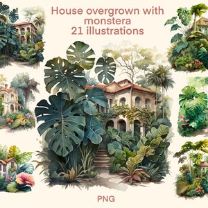 House overgrown with monstera clipart Watercolor, Home flowers in pots digital print, illustration set, stickers, Scrapbook, Junk Journal