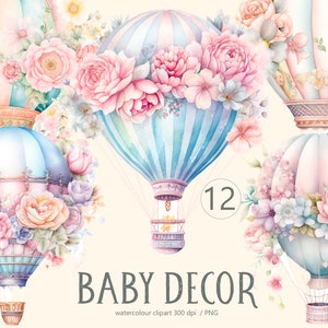 Baby Dekor, Neugeborenen Dekor, Baby-Dusche, Heißluftballon Clipart, PNG, Junge, Mädchen Kinderzimmer, Spielzeug, Baby-Kleidung, Baby-Buch, Illustration