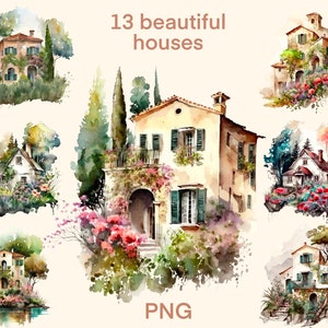 Bellissime case della Toscana Clipart acquerello, stampa digitale, set di illustrazioni, adesivi, album, diario spazzatura, artigianato di carta