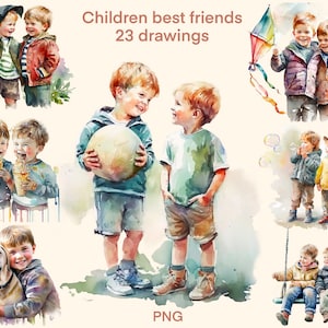 Children best friends Watercolor clipart png, cute friends digital print, illustration set, stickers, Scrapbook, Junk Journal, Paper Crafts