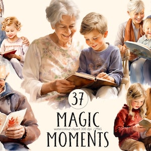 Opa en oma lezen een boek voor aan hun kleinkinderen, boekenwurm meisje clipart, delicate aquarel, digitale print, illustratie,