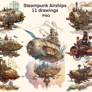 Steampunk Airships clipart Watercolor  png, digital print, illustration set, stickers, Scrapbook, Junk Journal, Paper Crafts