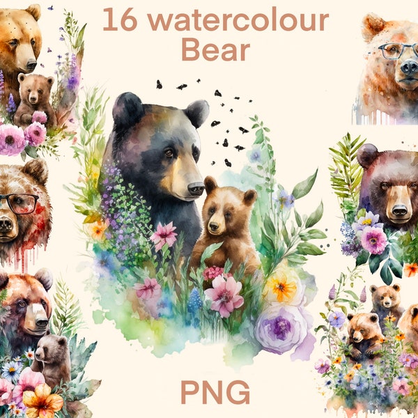 Watercolor Bears png, 16 Bears clipart, digital print, illustration set, stickers, Scrapbook, Junk Journal, Paper Crafts