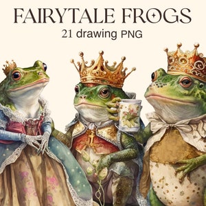 Fairytale Frogs clipart watercolour, victorian Frog digital print, king frog illustration set, stickers, Scrapbook, Junk Journal, Paper
