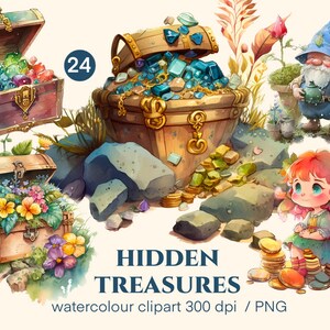 Hidden treasures clipart Watercolor, fairy house digital print, illustration set, stickers, Scrapbook, Junk Journal, Paper