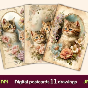 Cartões digitais de gatinhos fofos, cartões de diário, impressão de cartões postais vintage, papel digital, download digital, folha de colagem, itens efêmeros do Junk Journal
