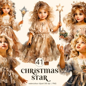 Christmas star Victorian little girl, watercolour clipart, Holiday Collection digital, New Year, celebration illustration, Winter, Scrapbook