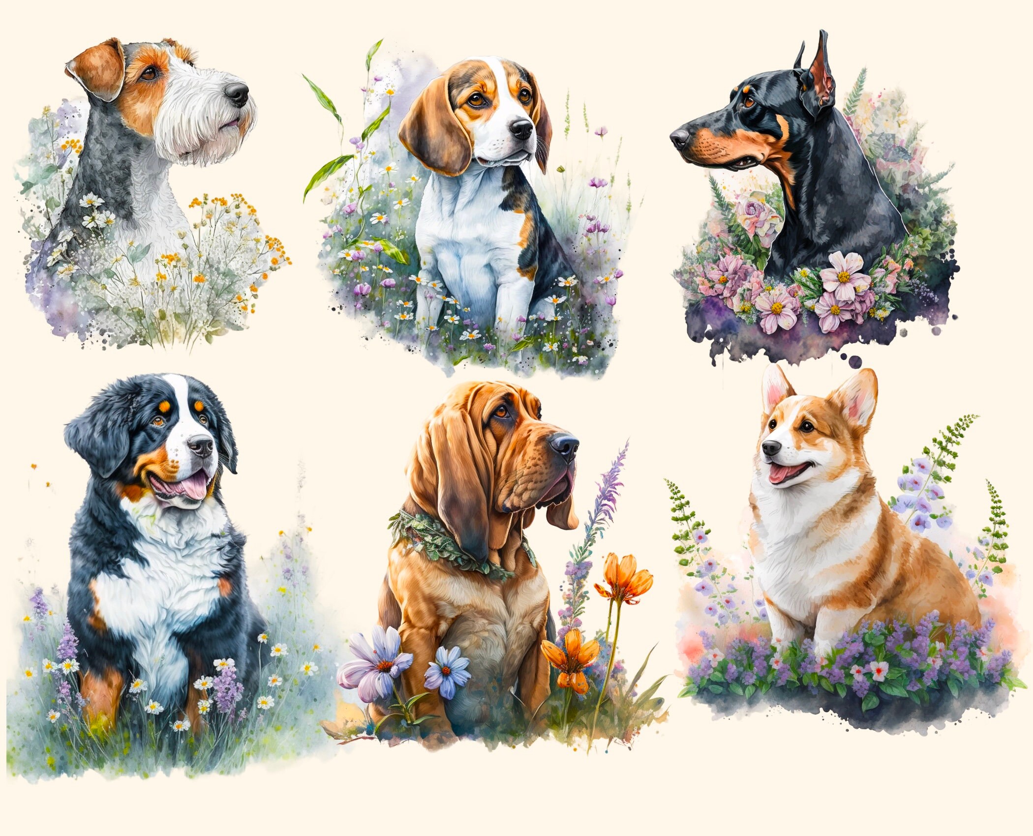 Dogs in Flowers Watercolor Clipart Png Cute Dog Digital - Etsy UK