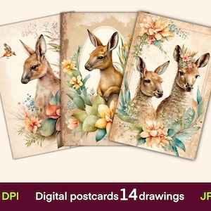 Känguru digitale Karten, Journal Karten, Vintage Postkarten Druck, digitales Papier, digitaler Download, Collage Blatt, Junk Journal Ephemera