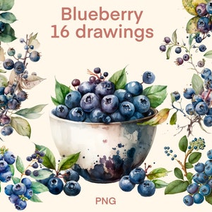 ブルーベリーのクリップアート 水彩 png、ベリーのデジタルプリント、イラストセット、ステッカー、スクラップブック、ジャンクジャーナル、ペーパークラフト