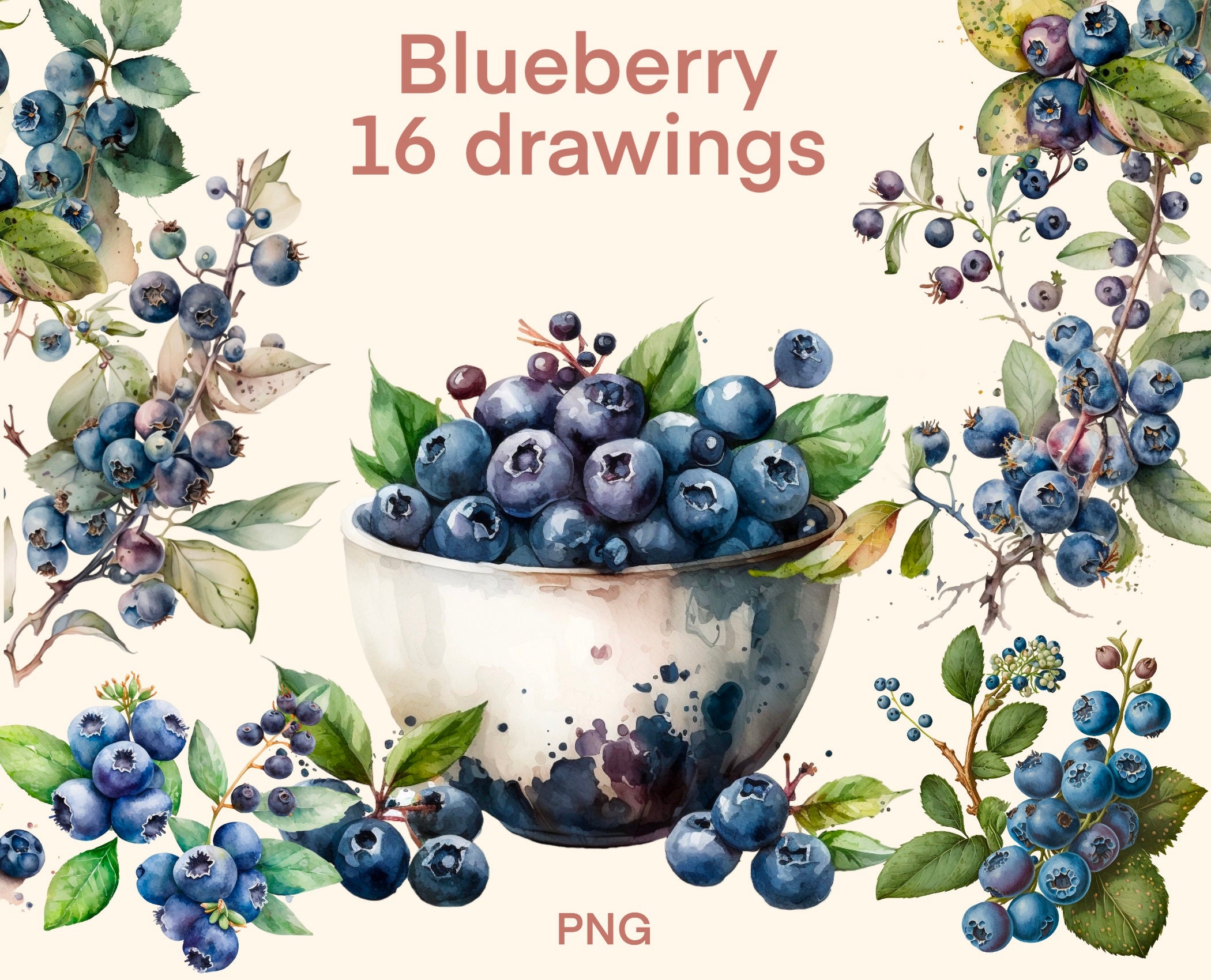 Blueberry Clipart Watercolor Png Berries Digital Print Etsy