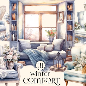 Winter comfort watercolour clipart, fireplace and armchair Holiday Collection, New Year, celebration illustration, Winter, Commercial use