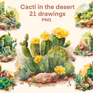 Cacti in the Desert Watercolor clipart png, Desert digital print, illustration set, stickers, Scrapbook, Junk Journal, Paper Crafts