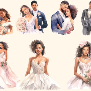 Wedding, Black Bride and Groom Clipart Watercolor, Mixed Race Digital ...