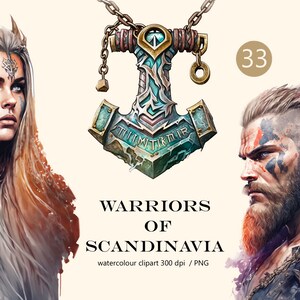 Warriors of Scandinavia clipart Watercolor, digital print, illustration set, stickers, Scrapbook, Junk Journal, Paper Crafts