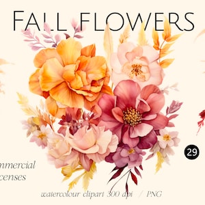 秋の花、葉、庭の水彩画クリップアート png、秋が来た、秋の花束イラストセット、オレンジ、秋の葉、スクラップブック