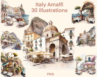 Italy Amalfi Watercolor clipart, Streets of Italy digital print, illustration set, stickers, Scrapbook, Junk Journal, Paper Crafts