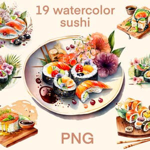 Watercolor Sushi clipart png, 19 sushi clipart, digital print, illustration set, stickers, Scrapbook, Junk Journal, Paper Crafts