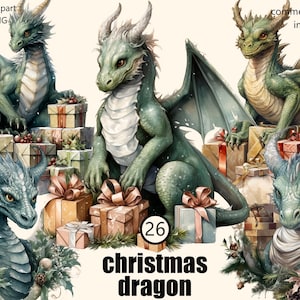 Christmas Dragon, Emerald Dragon, Winter animals, Christmas watercolour clipart, New Year, celebration illustration, Winter, baby dragon