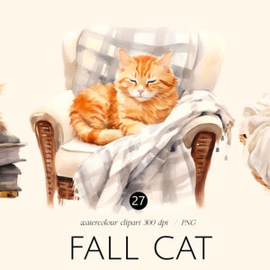 Gatto autunnale, abitanti della foresta, clipart acquerello autunnale png, l&#39;autunno è arrivato, illustrazione autunnale, arancione, foglie autunnali, licenza commerciale