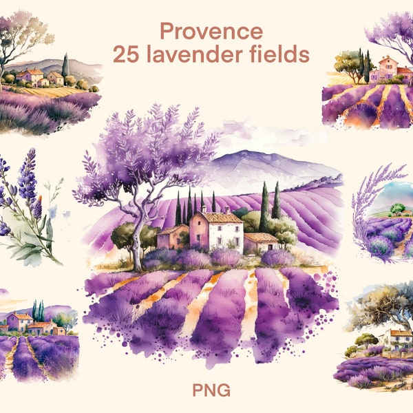 Provense cottages clipart Watercolor, lavender fields digital print, illustration set, stickers, Scrapbook, Junk Journal, Paper Crafts