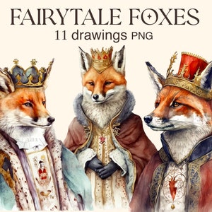 おとぎ話のキツネのクリップアート水彩画、ビクトリア朝のキツネのデジタルプリント、キツネの王のイラストセット、ステッカー、スクラップブック、ジャンクジャーナル、ペーパークラフト