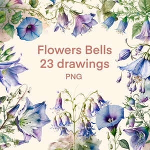 Bells clipart Watercolor png, Flowers digital print, illustration set, stickers, Scrapbook, Junk Journal, Paper Crafts