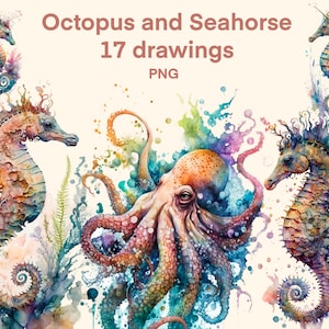 Octopus and seahorse Watercolor clipart, coral reef digital sublimation download, illustration set, stickers, Scrapbook, Junk Journal, Paper