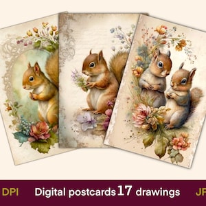 Cartões digitais de esquilos, cartões de diário, impressão de cartões postais vintage, papel digital, download digital, folha de colagem, efêmeras de diário de lixo