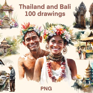 Imágenes prediseñadas de acuarela de Tailandia y Bali, impresión digital, conjunto de ilustraciones del Coliseo, pegatinas, álbum de recortes, diario basura, manualidades de papel