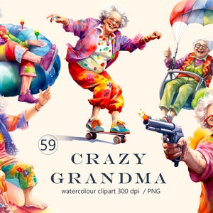 Crazy grandma watercolour clipart, Funny old lady digital , sweet granny illustration, Scrapbook, Junk Journal, Paper Crafts