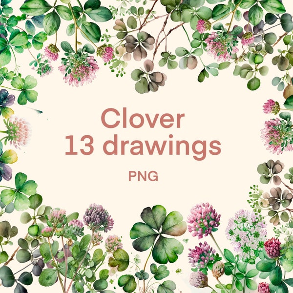 Clover clipart Watercolor png, Flowers digital print, illustration set, stickers, Scrapbook, Junk Journal, Paper Crafts