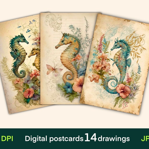 Sea horse digital cards, Journal cards, Vintage postcards print, digital paper, digital download, collage sheet, Junk Journal ephemera