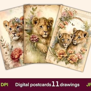Cartões digitais de leão, cartões de diário, impressão de cartões postais vintage, papel digital, download digital, folha de colagem, efêmeras de diário de lixo
